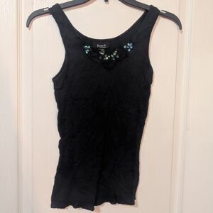 Fame Knitworks Y2K 2000's Vintage Black Embellished Sequin Trim Ribbed Tank Top